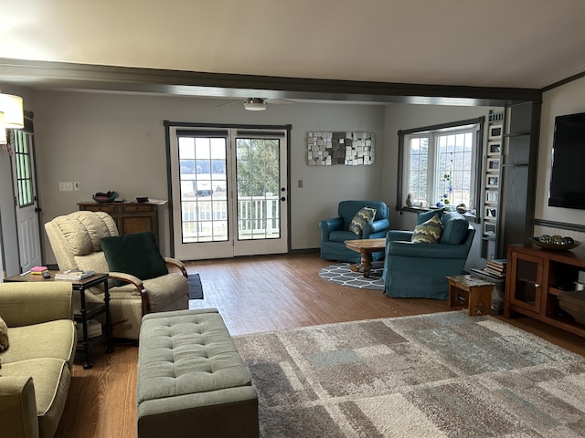 living area with ceiling fan and wood finished floors