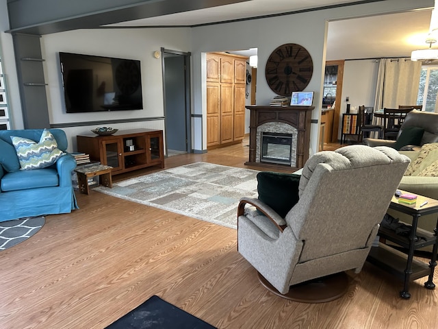 living area with a glass covered fireplace and light wood-style flooring