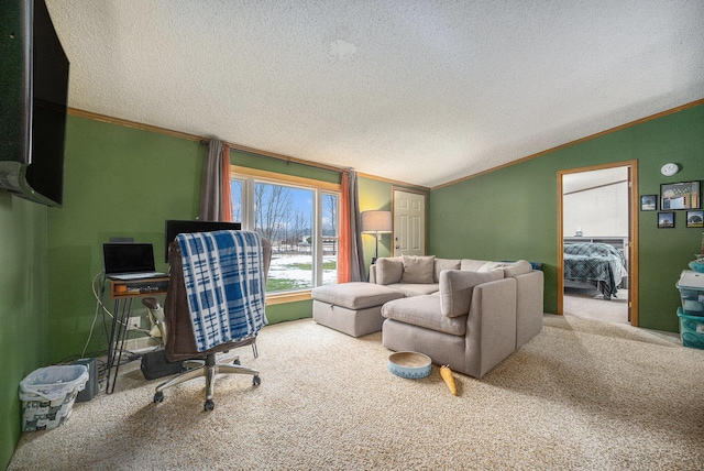 living area with lofted ceiling, a textured ceiling, crown molding, and carpet flooring