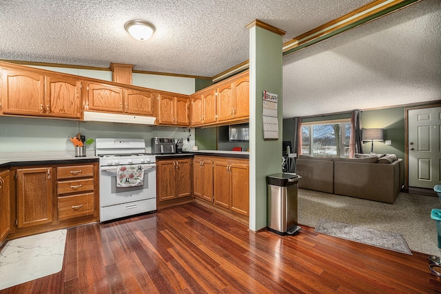 kitchen with brown cabinets, dark wood finished floors, open floor plan, under cabinet range hood, and white gas range oven