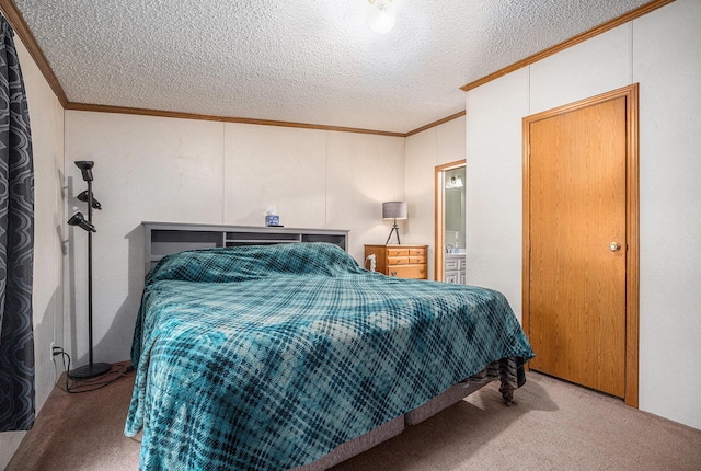 carpeted bedroom featuring crown molding and a textured ceiling