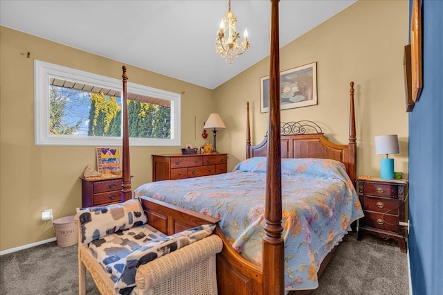 bedroom featuring an inviting chandelier, baseboards, lofted ceiling, and carpet