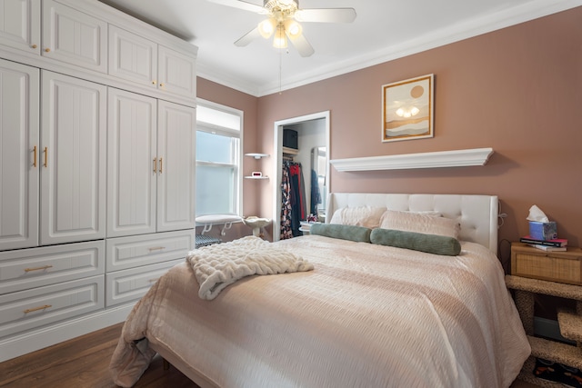 bedroom with dark wood-style floors, ceiling fan, and crown molding