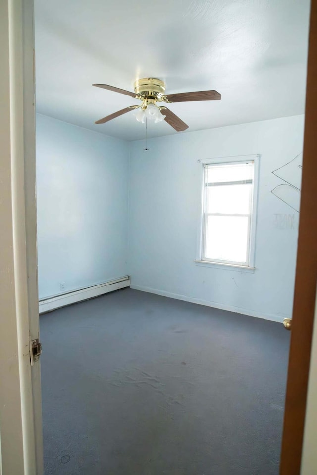 empty room featuring ceiling fan and a baseboard radiator