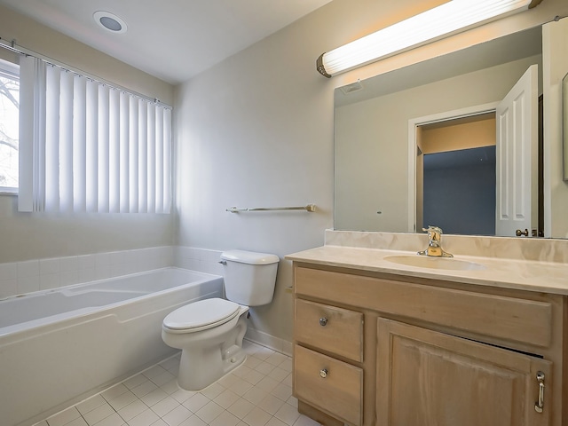 full bathroom with toilet, vanity, baseboards, a bath, and tile patterned floors