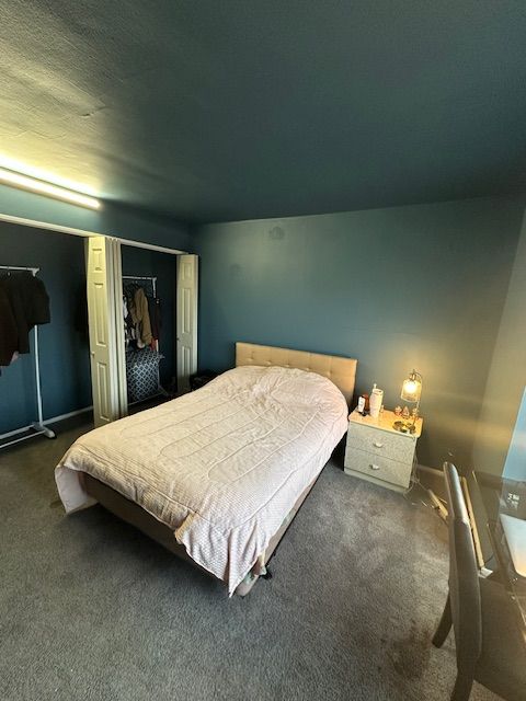 carpeted bedroom featuring a closet and baseboards