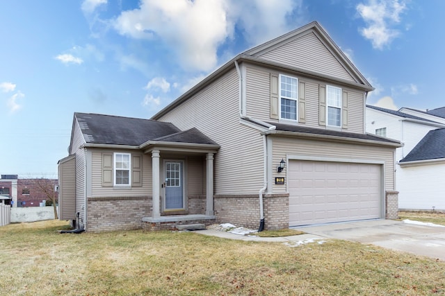 traditional-style house featuring driveway, an attached garage, a front lawn, and brick siding