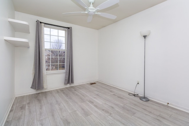 unfurnished room featuring light wood-style floors, visible vents, and a ceiling fan