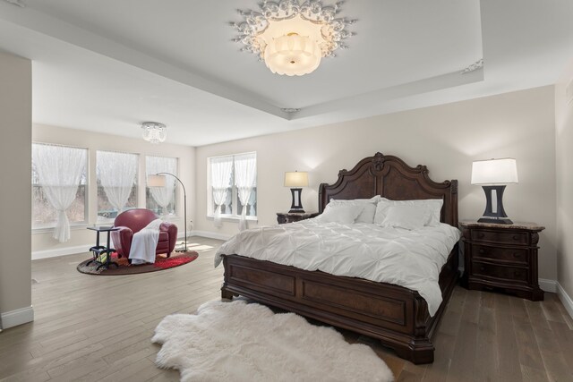 bedroom featuring hardwood / wood-style flooring, baseboards, and a tray ceiling