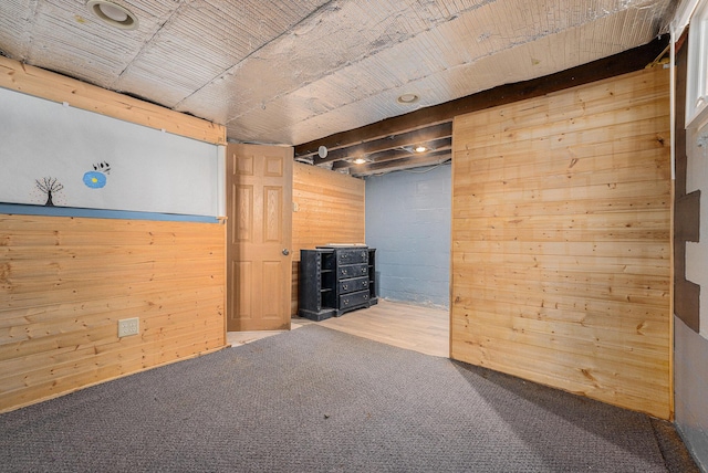 finished basement featuring concrete block wall, wood walls, and carpet