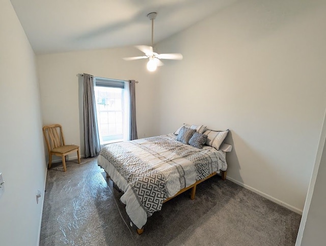 bedroom featuring lofted ceiling, ceiling fan, and baseboards