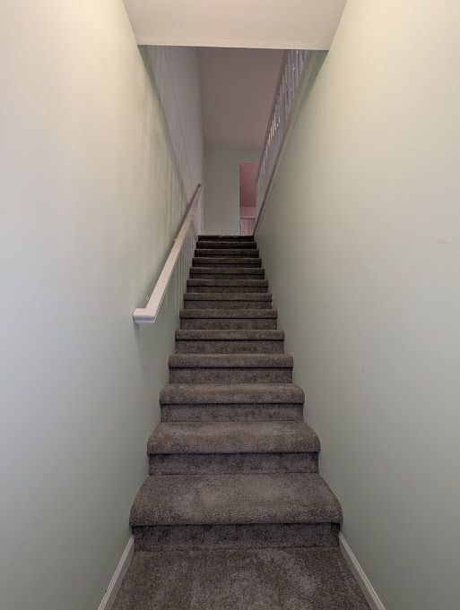 stairway featuring carpet flooring and baseboards