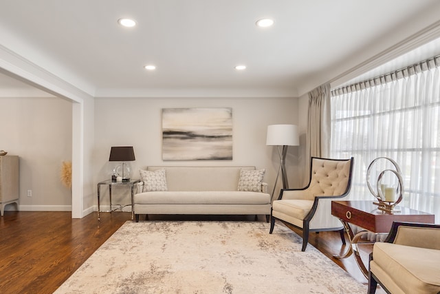 living area featuring baseboards, dark wood-style flooring, and recessed lighting