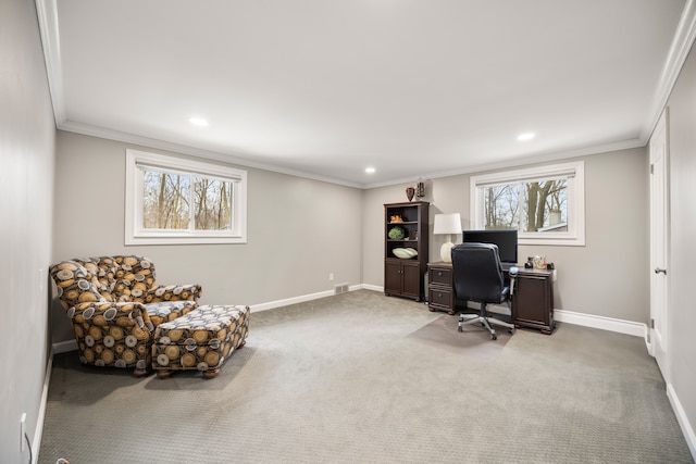 office featuring carpet, crown molding, and baseboards