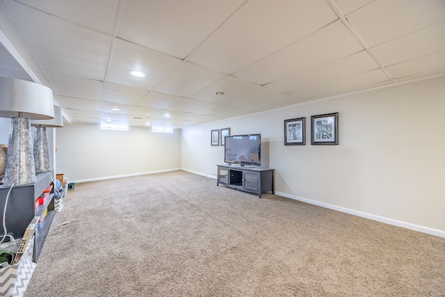 basement with recessed lighting, baseboards, a drop ceiling, and carpet flooring