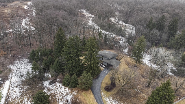 birds eye view of property with a forest view