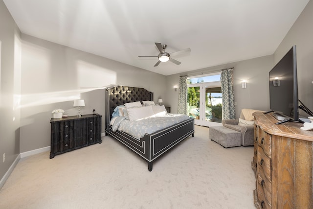 bedroom featuring carpet, access to outside, ceiling fan, and baseboards