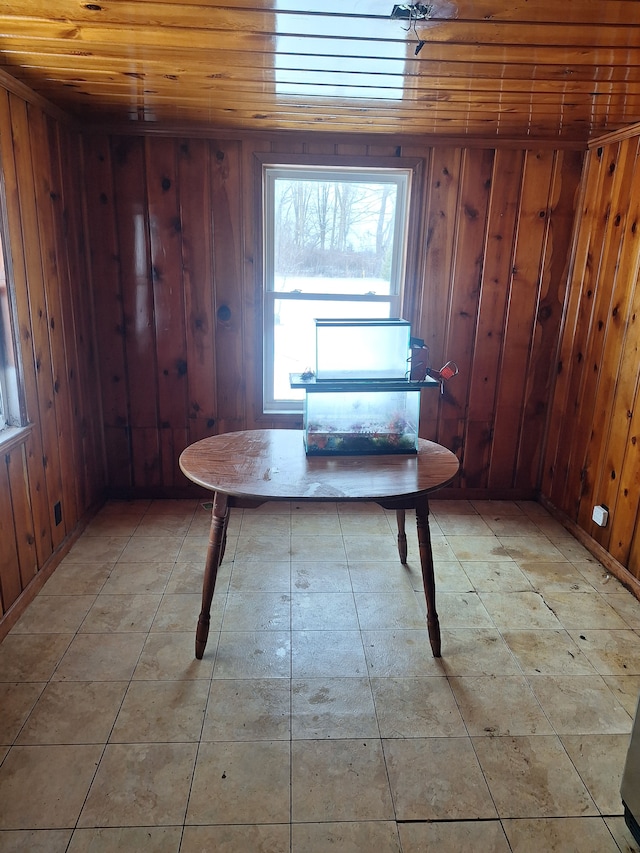 unfurnished dining area with wooden ceiling and wooden walls