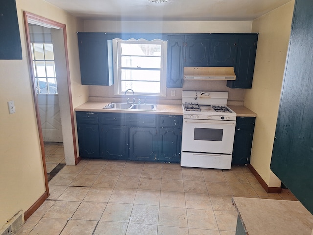 kitchen featuring light countertops, visible vents, a sink, under cabinet range hood, and white gas range oven