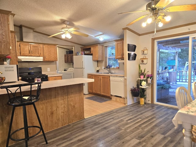 kitchen featuring lofted ceiling, white appliances, under cabinet range hood, and light wood finished floors