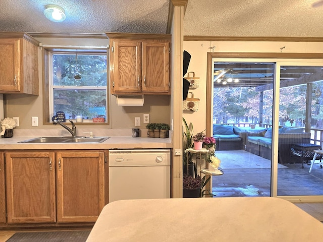 kitchen featuring light countertops, dishwasher, a textured ceiling, and a sink