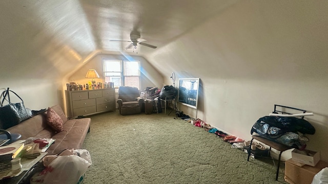 additional living space featuring lofted ceiling, ceiling fan, and carpet flooring