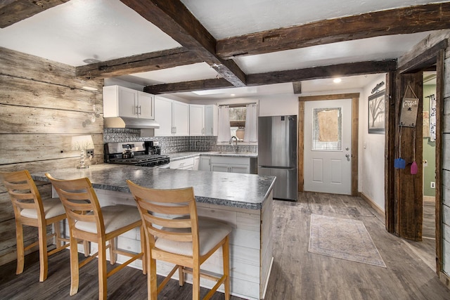 kitchen with under cabinet range hood, stainless steel appliances, a peninsula, a sink, and light wood-style floors