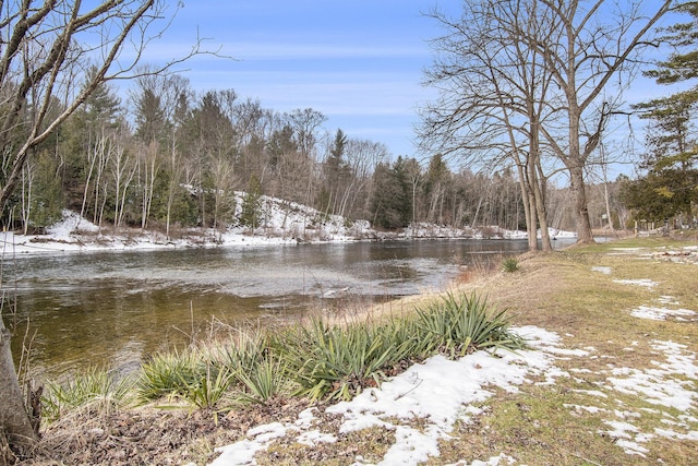 exterior space with a forest view and a water view