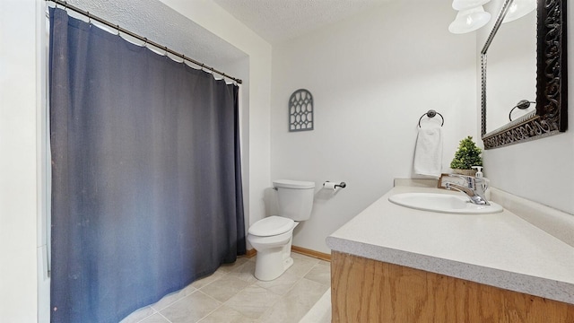 full bath with baseboards, toilet, tile patterned flooring, a textured ceiling, and vanity