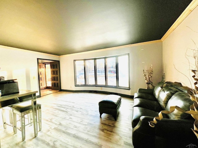 living area with ornamental molding, light wood-style flooring, and baseboards