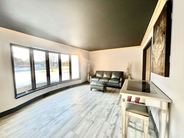 living room featuring crown molding, baseboards, and wood finished floors