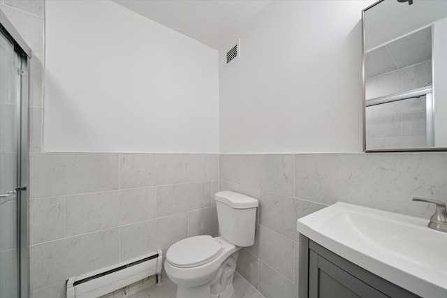 full bathroom featuring toilet, an enclosed shower, visible vents, and baseboard heating