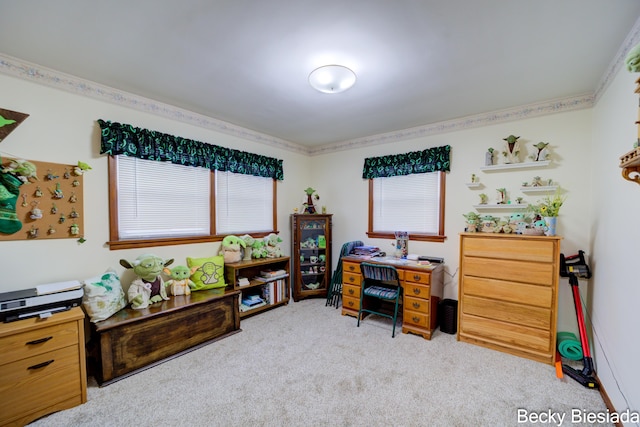 carpeted home office featuring ornamental molding