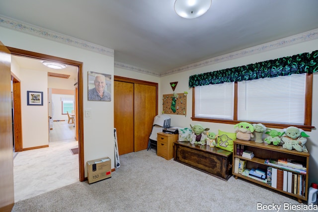 interior space featuring light carpet, baseboards, and a closet