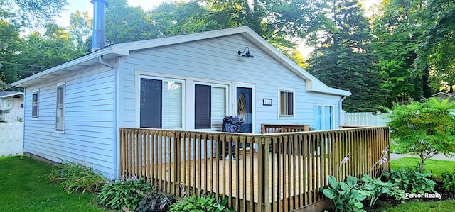 view of property exterior with fence and a deck