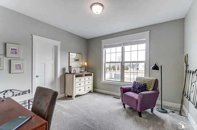 office space with carpet floors, visible vents, and baseboards