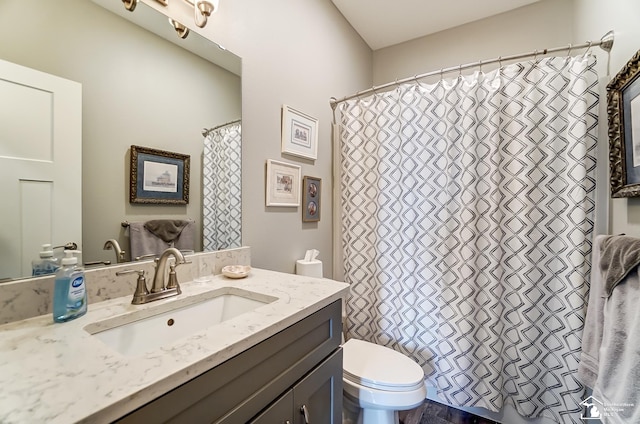 full bathroom with toilet, curtained shower, and vanity