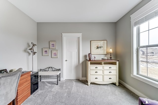 living area featuring baseboards and carpet flooring