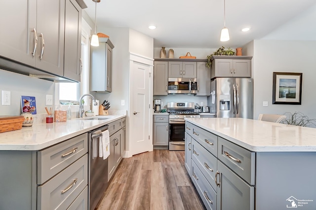 kitchen featuring appliances with stainless steel finishes, gray cabinets, and a sink