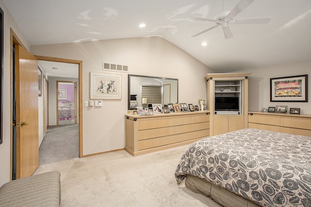 bedroom with baseboards, lofted ceiling, visible vents, and light carpet