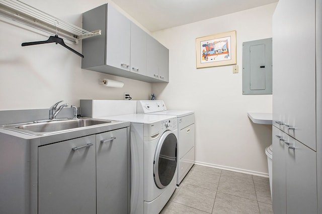 laundry room featuring baseboards, washing machine and clothes dryer, a sink, cabinet space, and electric panel