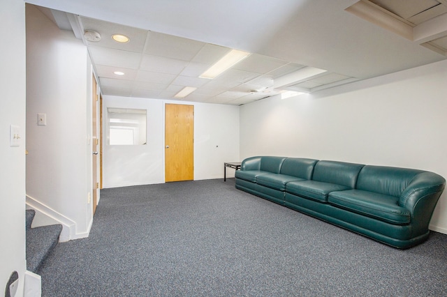 living room featuring baseboards, carpet flooring, and recessed lighting