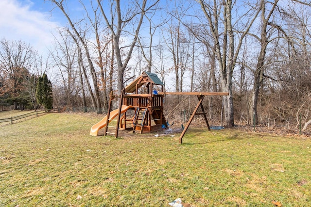 view of jungle gym with a yard