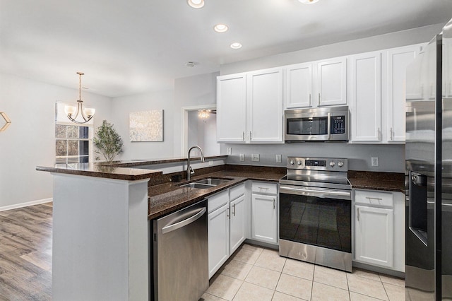 kitchen featuring appliances with stainless steel finishes, a peninsula, white cabinetry, a sink, and recessed lighting