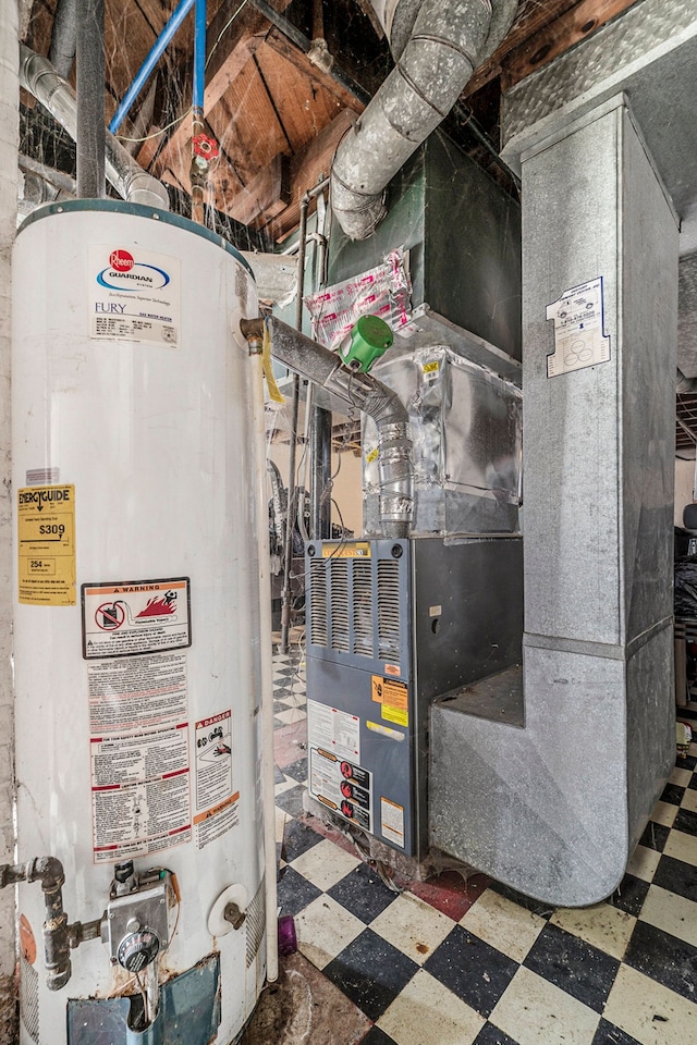 utility room with water heater and heating unit