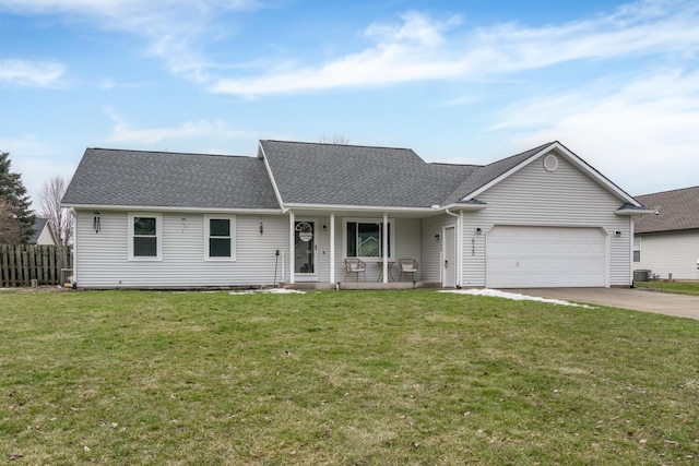 single story home with driveway, a porch, a front lawn, and an attached garage