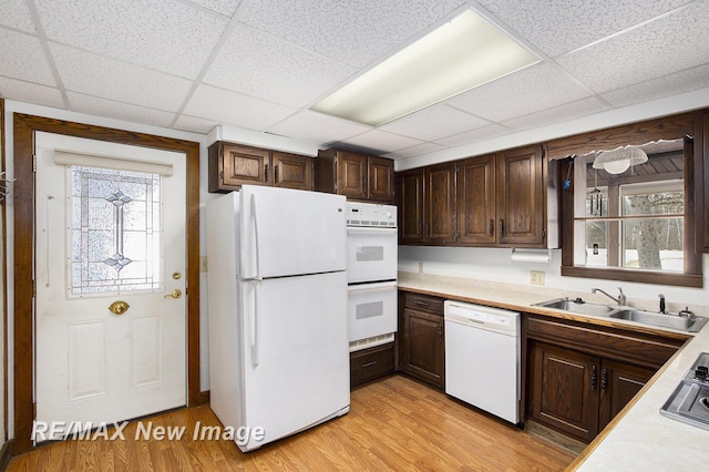 kitchen with dark brown cabinetry, white appliances, a sink, light countertops, and light wood-type flooring