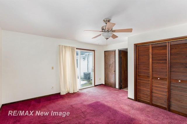 unfurnished bedroom with a ceiling fan, carpet, access to exterior, and baseboards