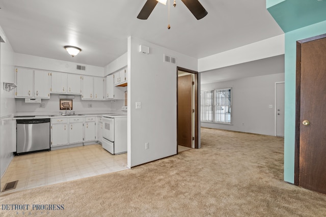 kitchen featuring light colored carpet, white electric range, dishwasher, and visible vents