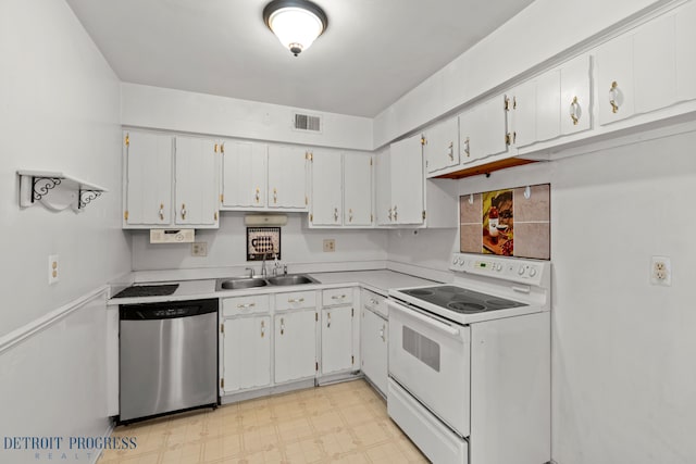 kitchen with a sink, visible vents, dishwasher, light floors, and white electric range oven